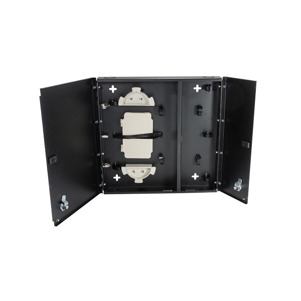 Small, empty wall mount with split metal door, with one lock/key. Fits 2 LGX adapter plates.